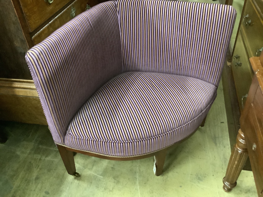 A 19th century mahogany upholstered corner chair, width 86cm, depth 50cm, height 78cm